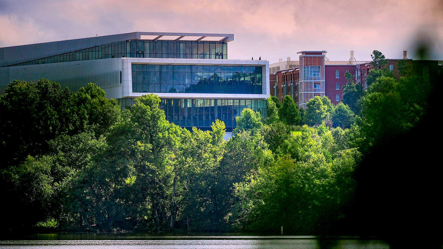 The Hunt library as seen from Lake Raleigh woods.