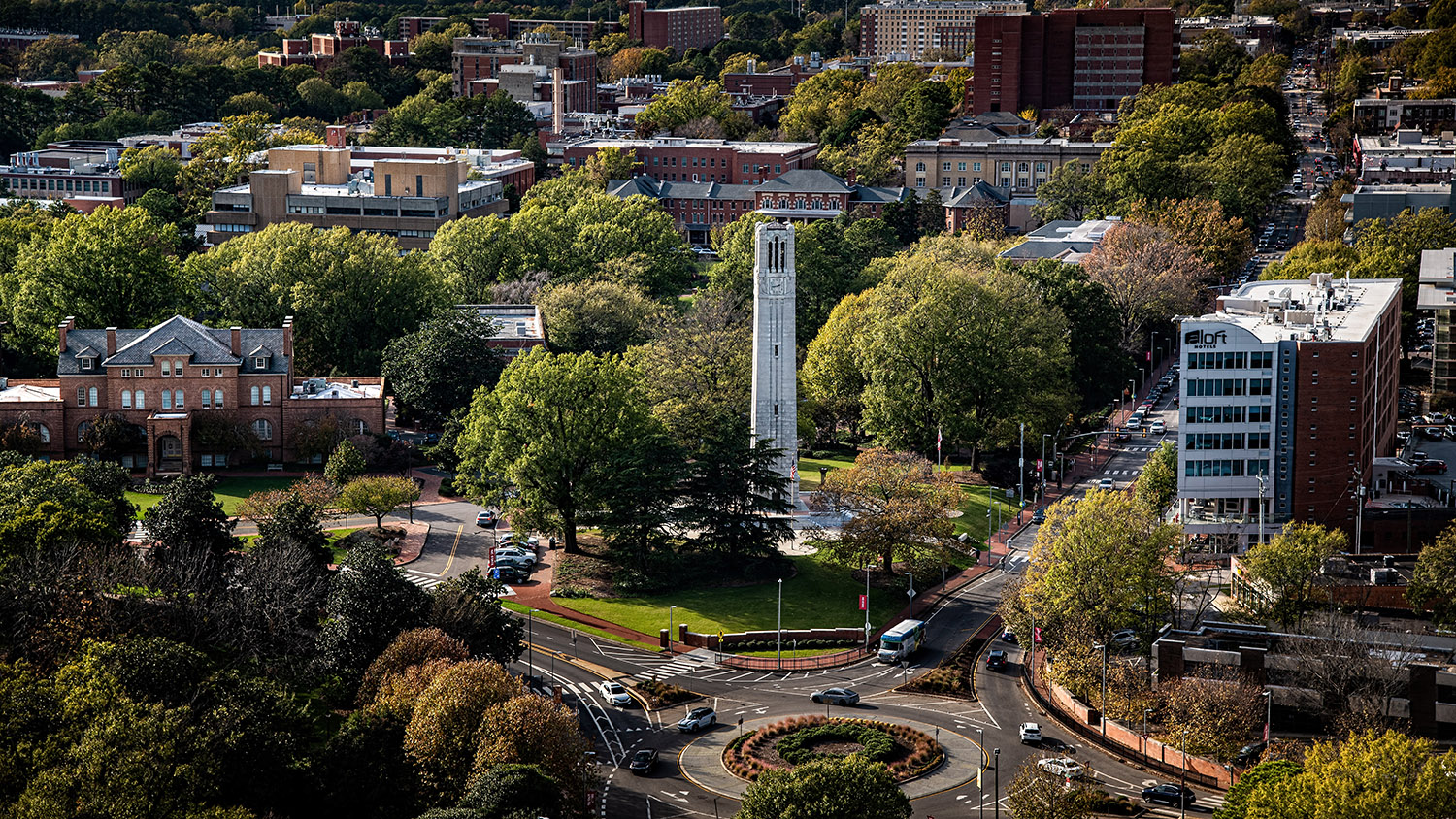 An aerial photo of main campus highlighting the Belltower and Holladay Hall